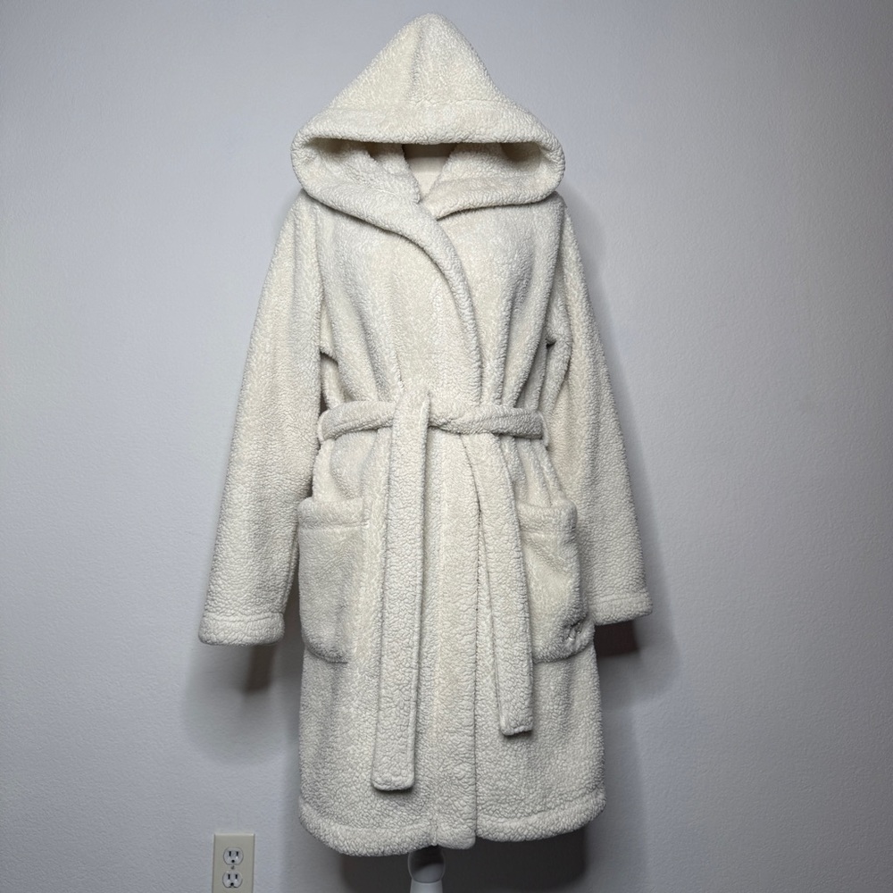 UGG Aarti Sherpa Hooded Robe Cream Plush Belted Pockets Polyester Size M
